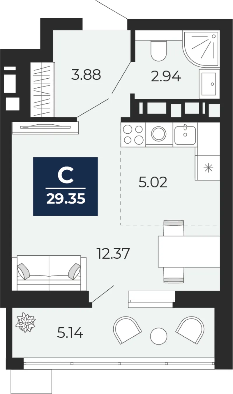 Студия 29.4 м²