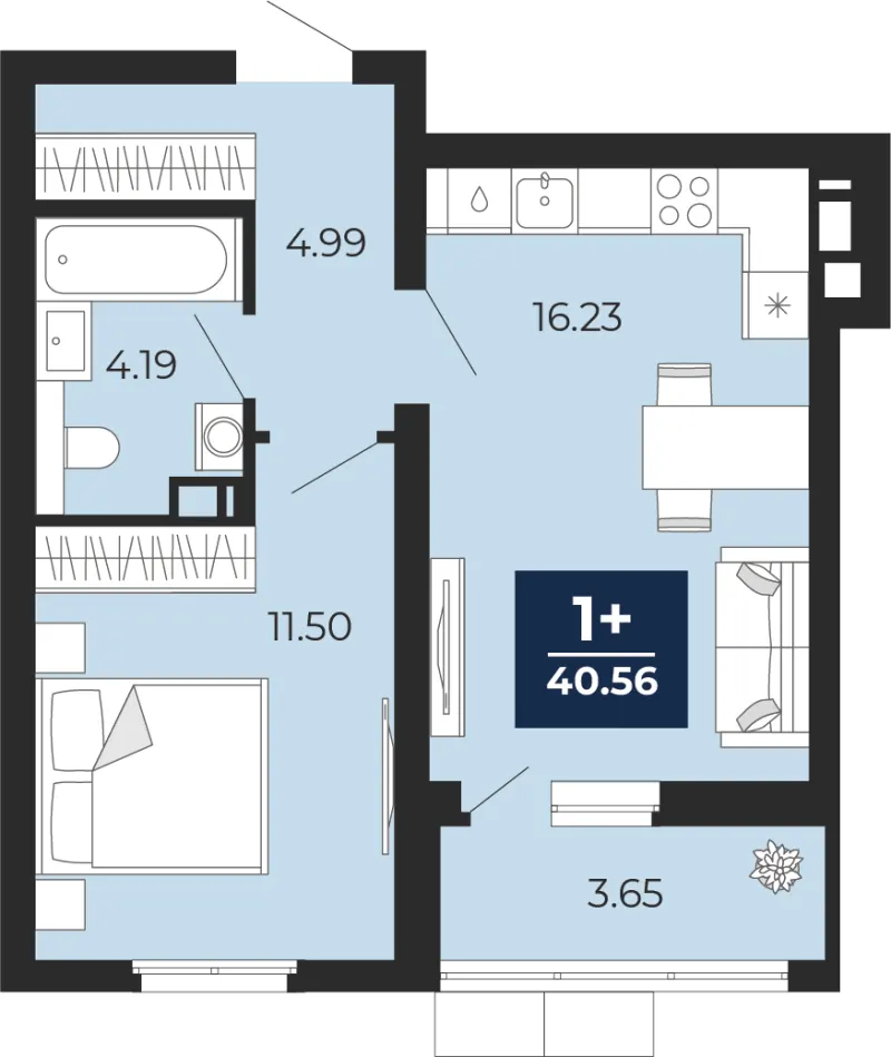 1-комн. 40.6 м²