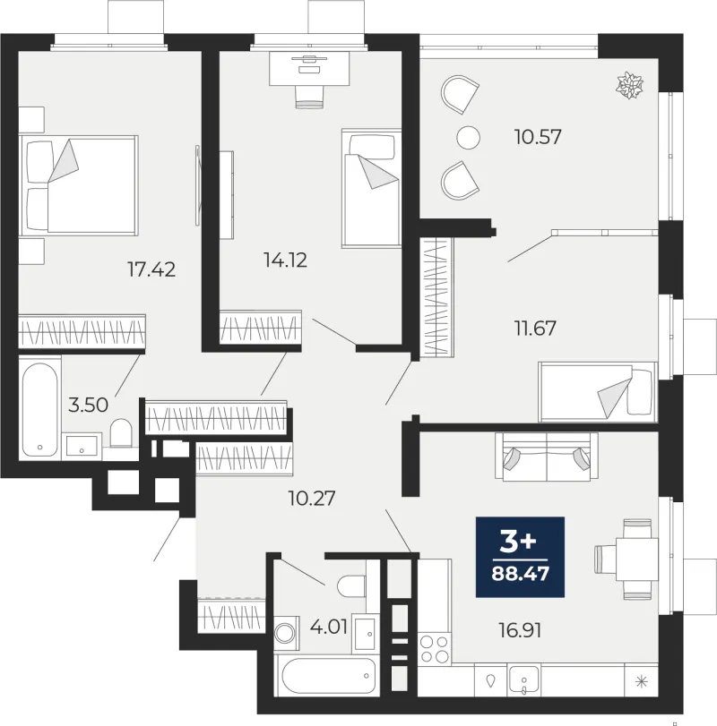 3-комн. 88.5 м²