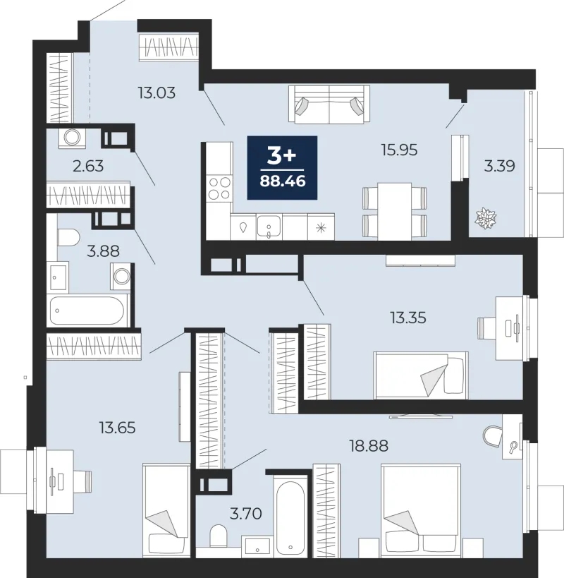 3-комн. 88.5 м²