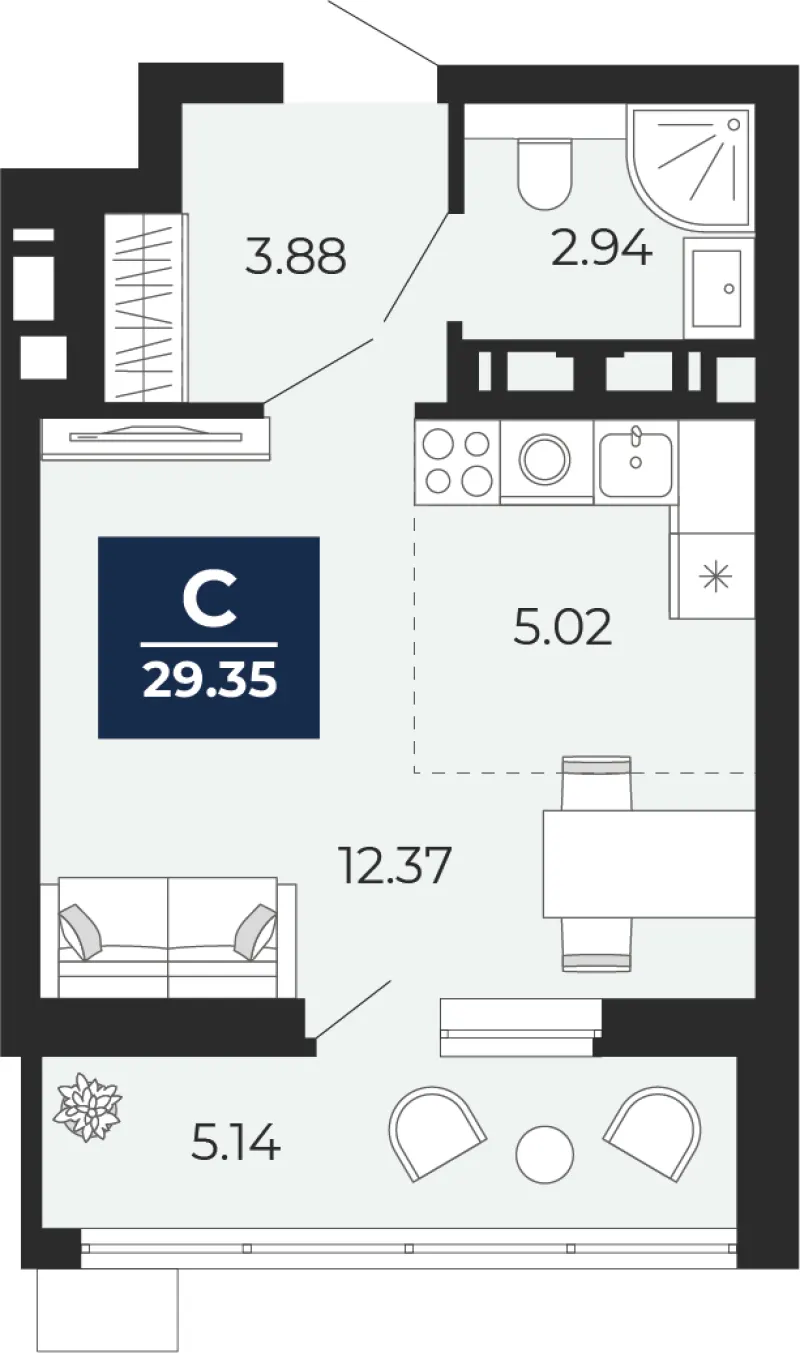 Студия 29.4 м²