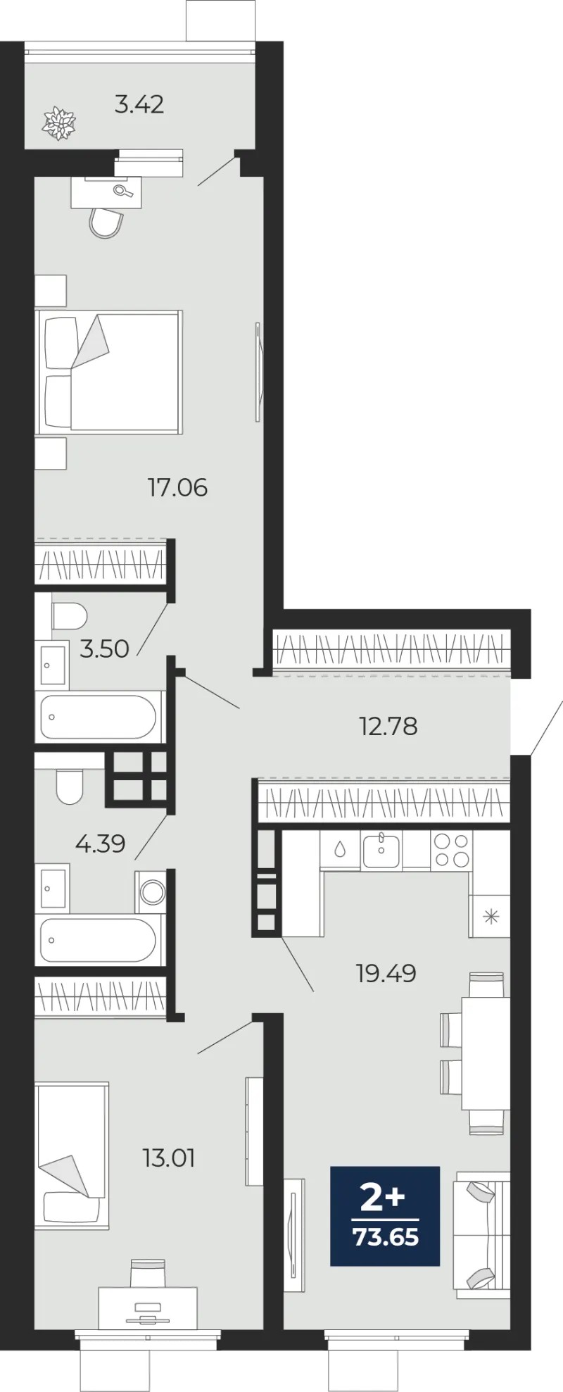 2-комн. 73.7 м²