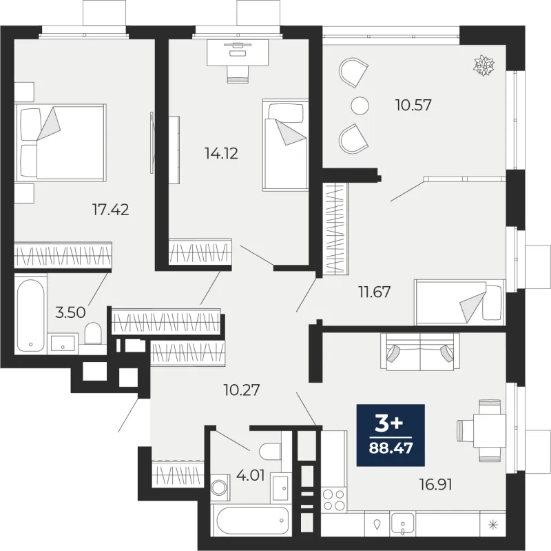 3-комн. 88.5 м²