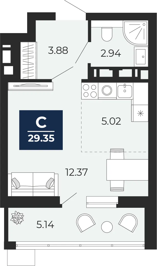 Студия 29.4 м²