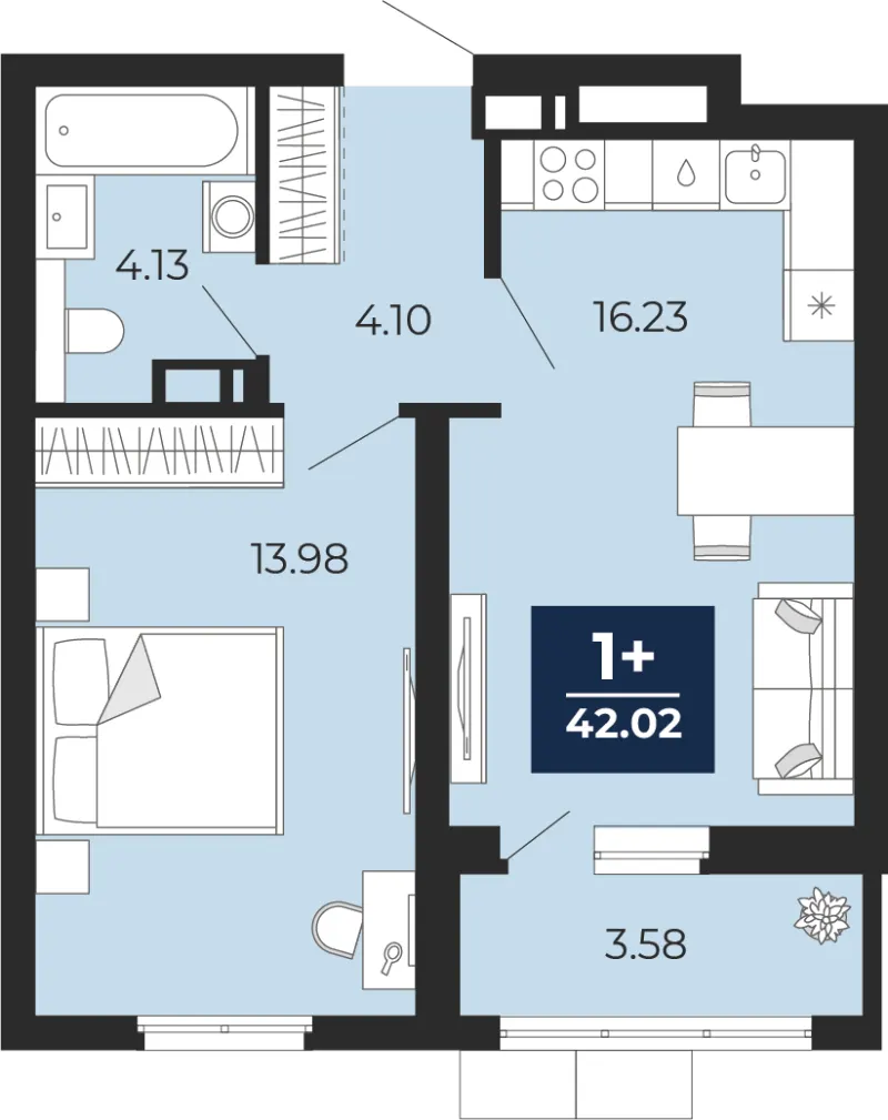 1-комн. 42 м²