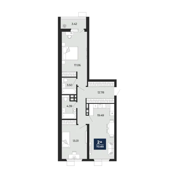 2-комн. 73.7 м²