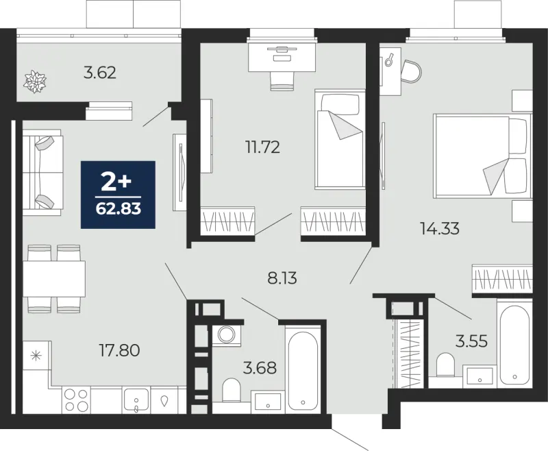 2-комн. 62.8 м²
