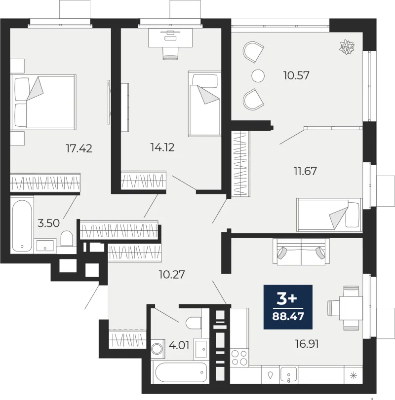 3-комн. 88.5 м²