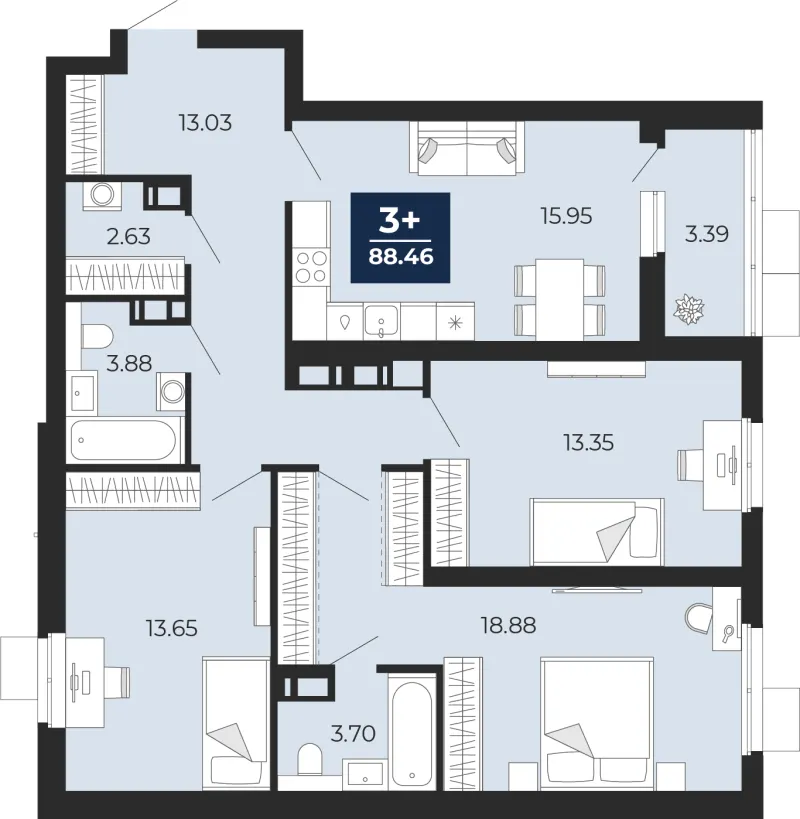 3-комн. 88.5 м²