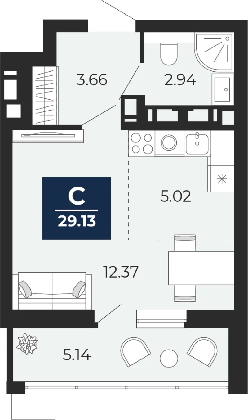 Студия 29.1 м²