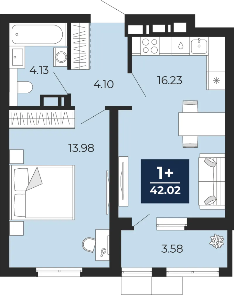 1-комн. 42 м²