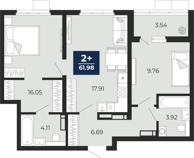 2-комн. 62 м²