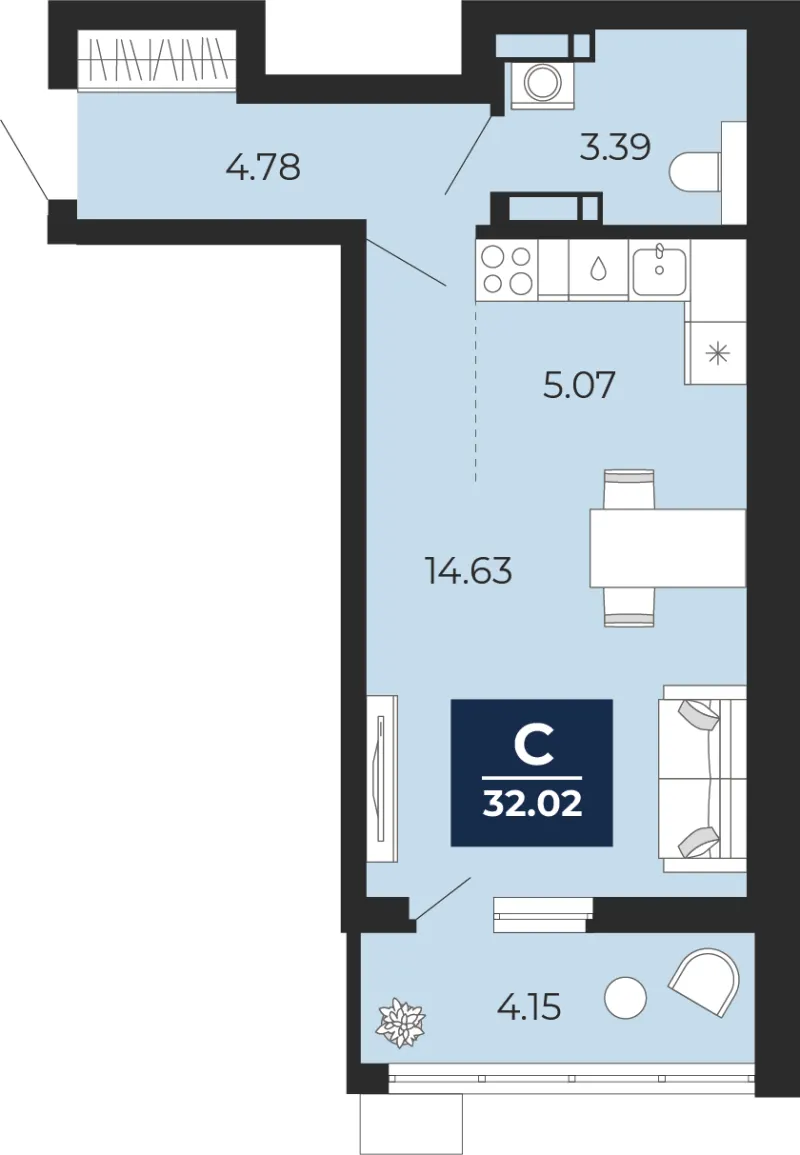 Студия 32 м²