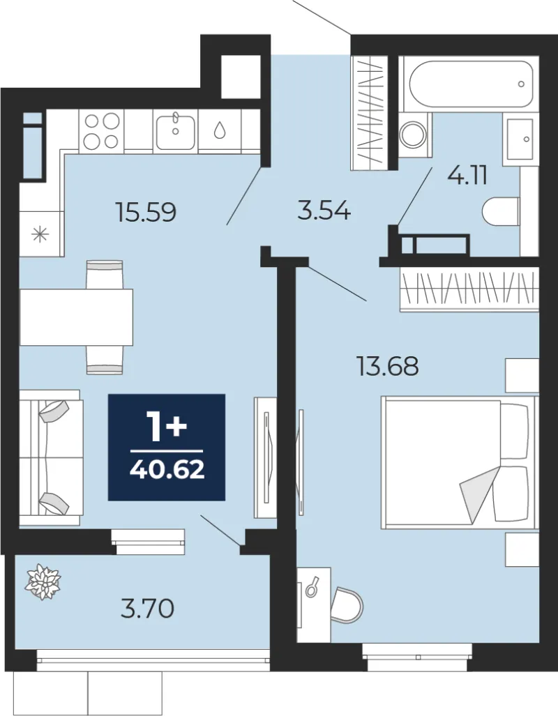 1-комн. 40.6 м²