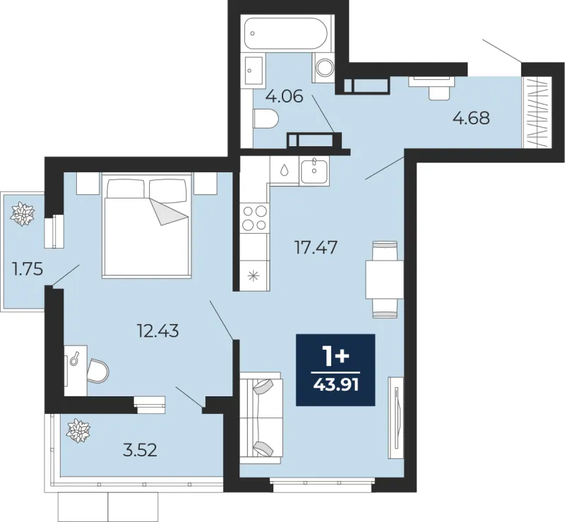 1-комн. 43.9 м²