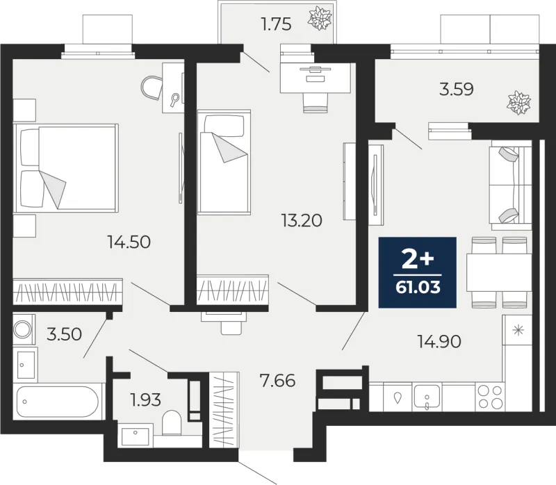 2-комн. 61 м²