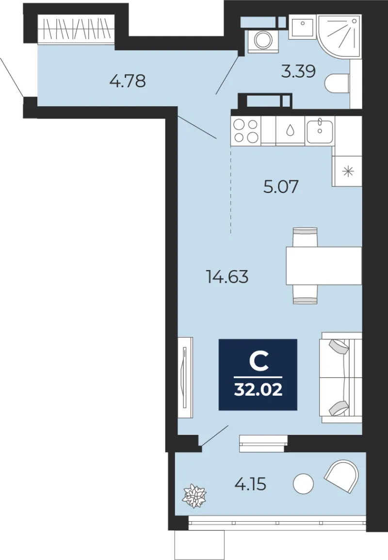 Студия 32 м²