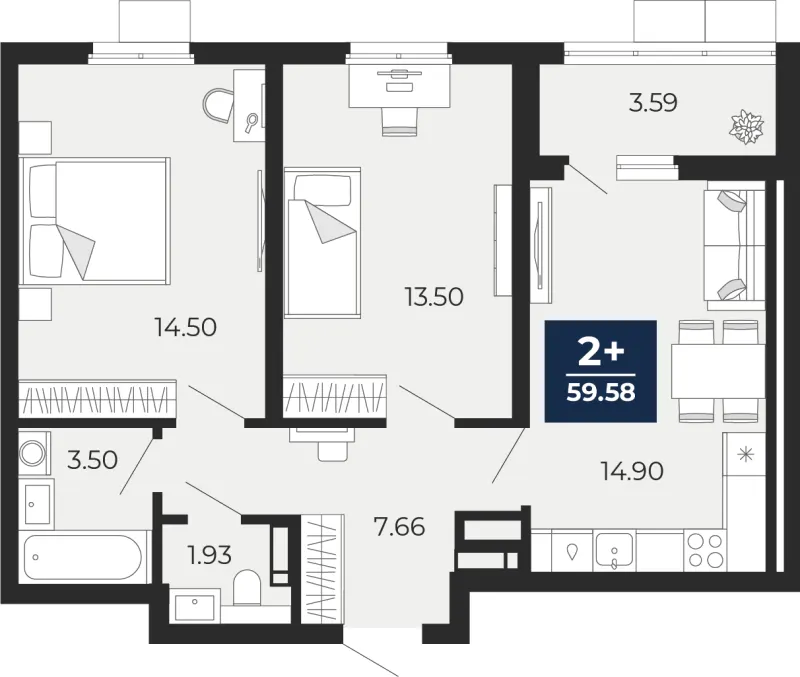 2-комн. 59.6 м²