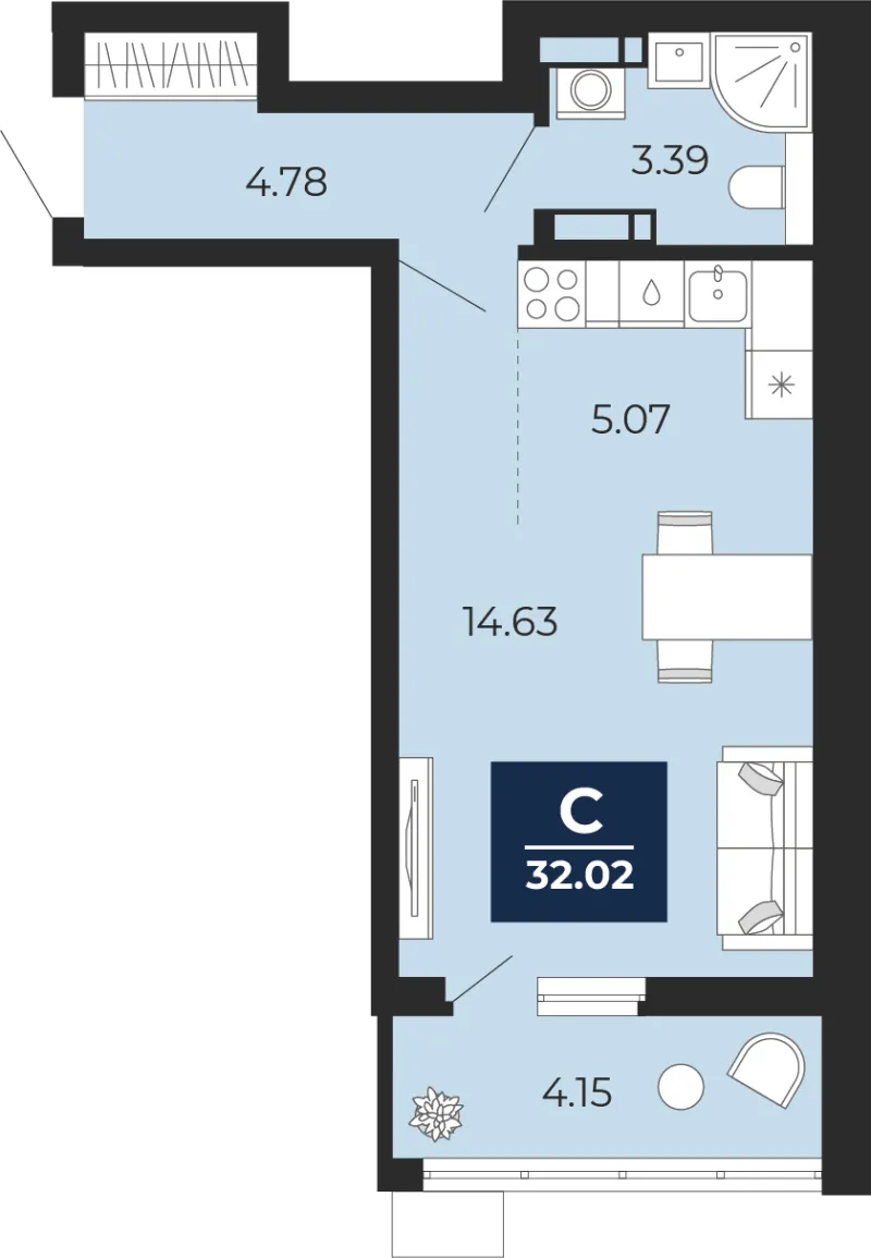Студия 32 м²