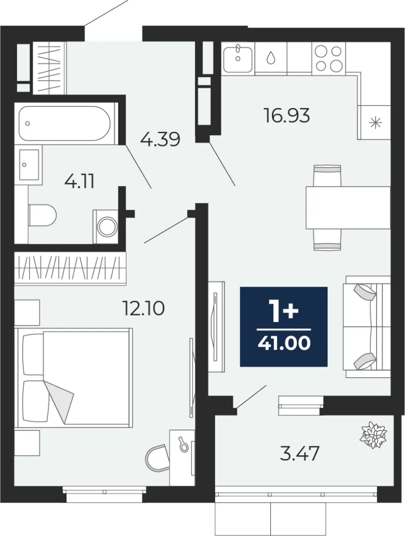 1-комн. 41 м²