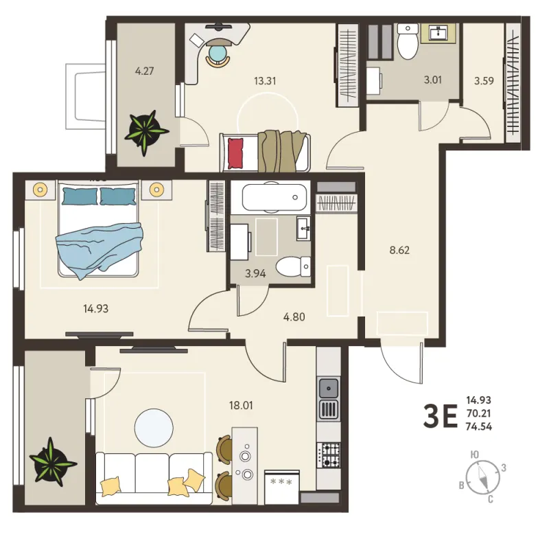 1-комн. 74.5 м²