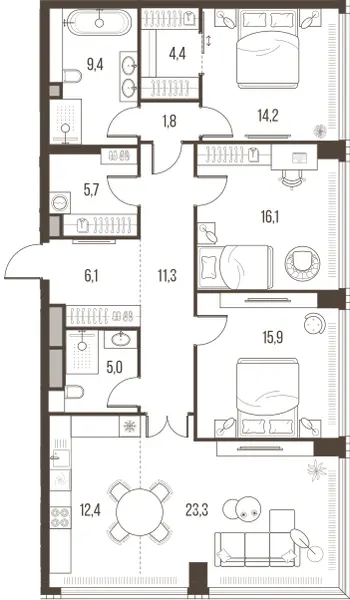 4-комн. 125.6 м²