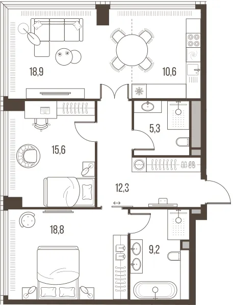 3-комн. 90.7 м²