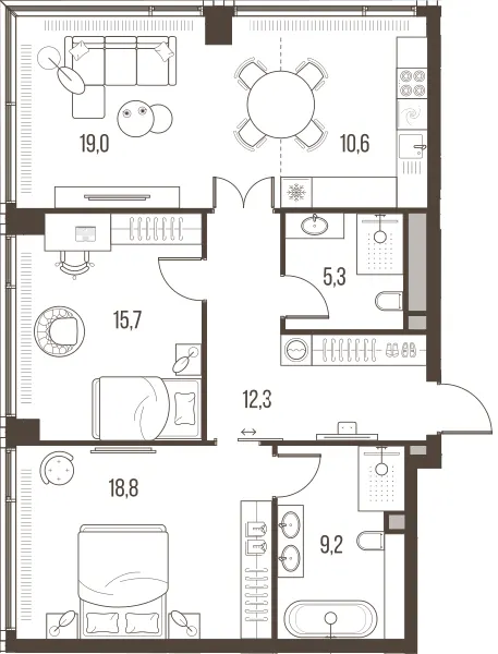 3-комн. 90.9 м²