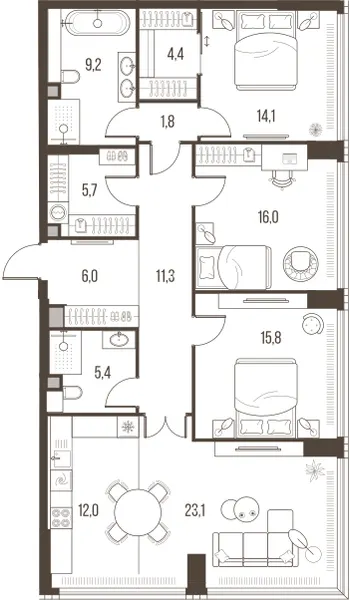 4-комн. 124.8 м²