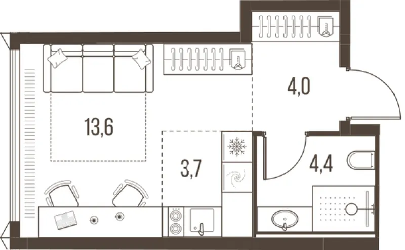 1-комн. 25.7 м²