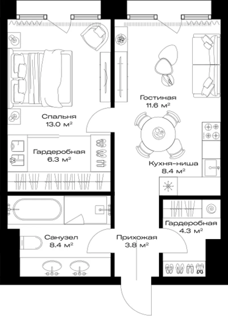 1-комн. 55.8 м²