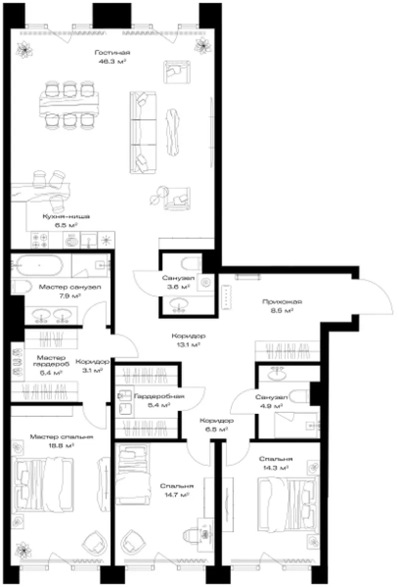 3-комн. 159 м²