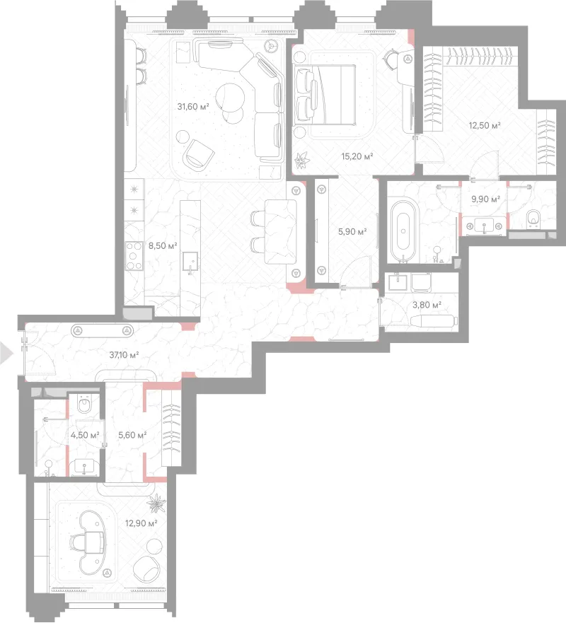 2-комн. 129 м²