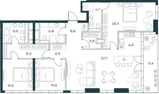 4-комн. 130.8 м²
