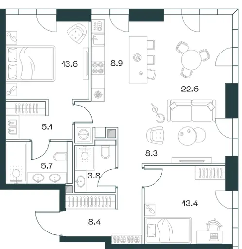 3-комн. 90.7 м²