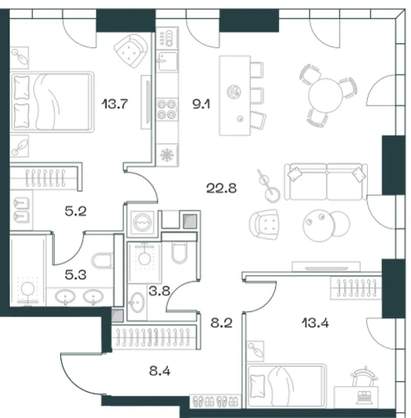 3-комн. 90.8 м²
