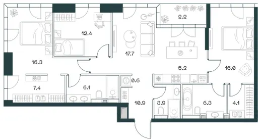 3-комн. 109.1 м²