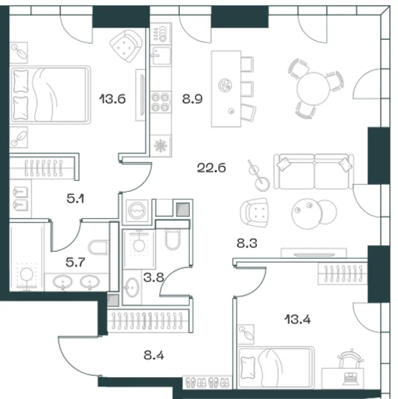 3-комн. 90.7 м²