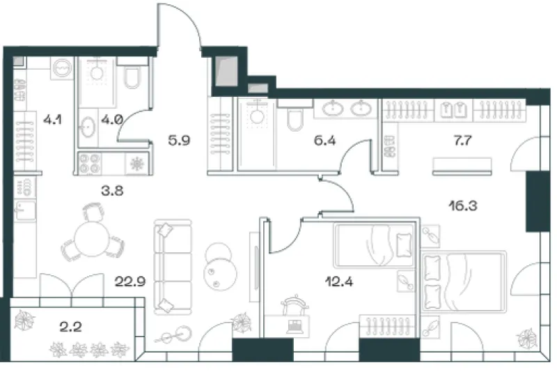 3-комн. 85.7 м²
