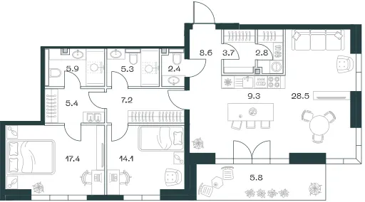3-комн. 116.4 м²