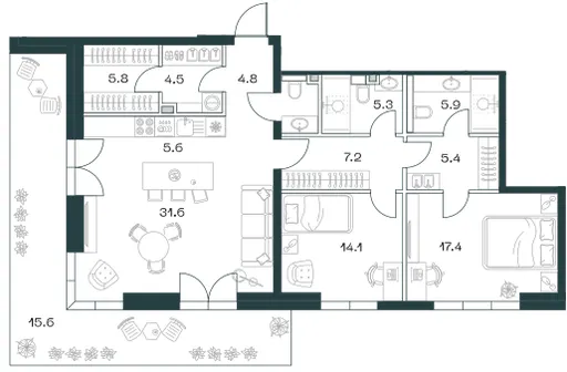 3-комн. 125,6 м²