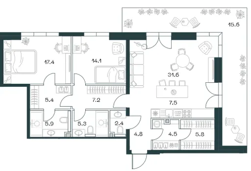 3-комн. 125.6 м²
