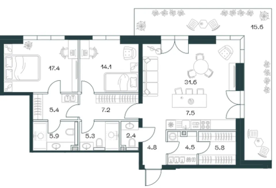 3-комн. 125,6 м²