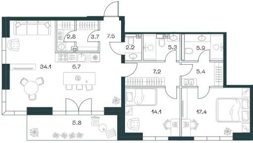 3-комн. 116.4 м²
