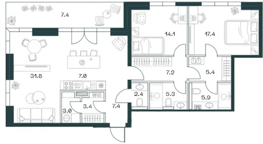 3-комн. 117.7 м²