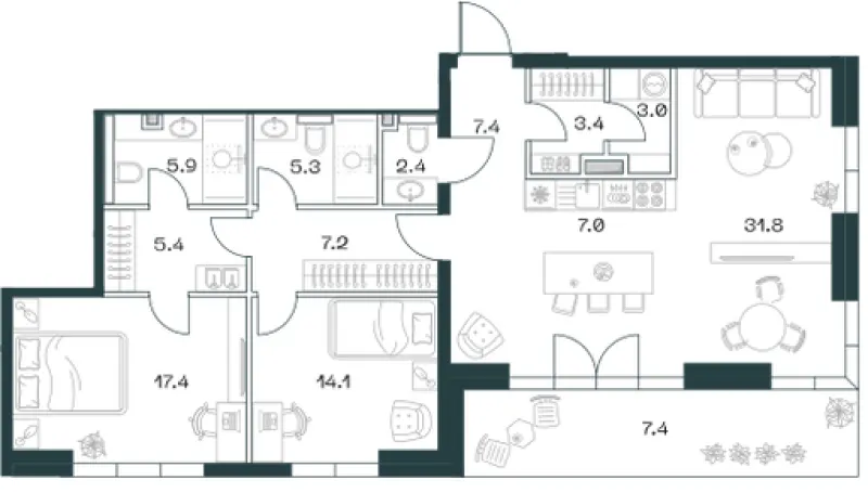 3-комн. 117.7 м²