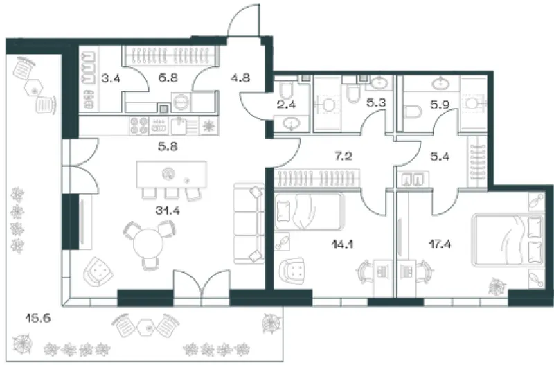 3-комн. 125.6 м²