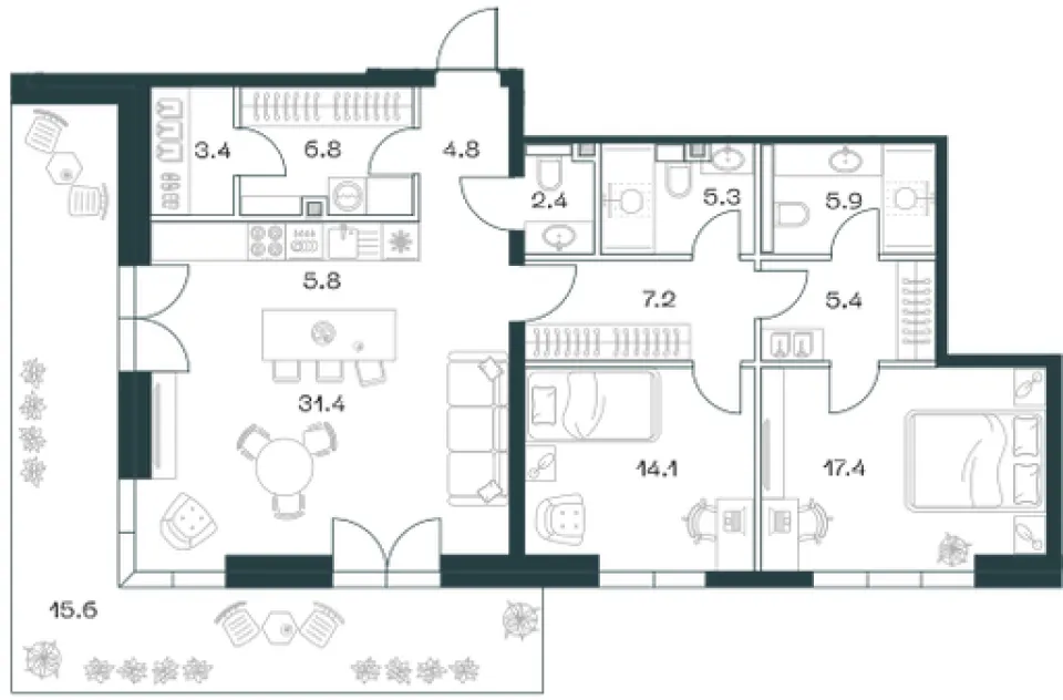 3-комн. 125,5 м²