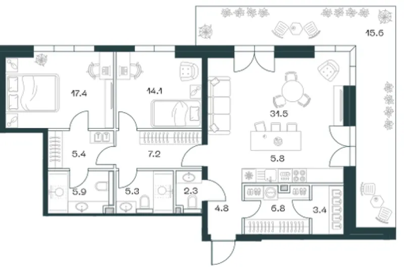 3-комн. 125.6 м²