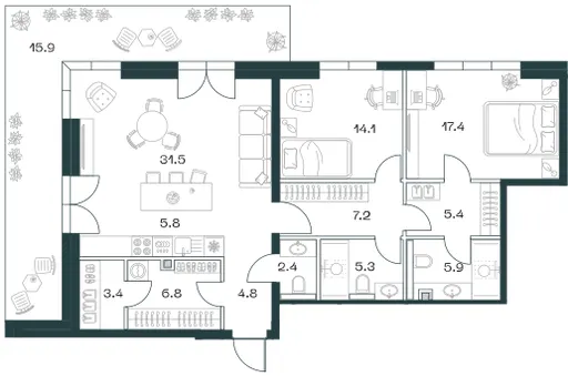 3-комн. 125.9 м²